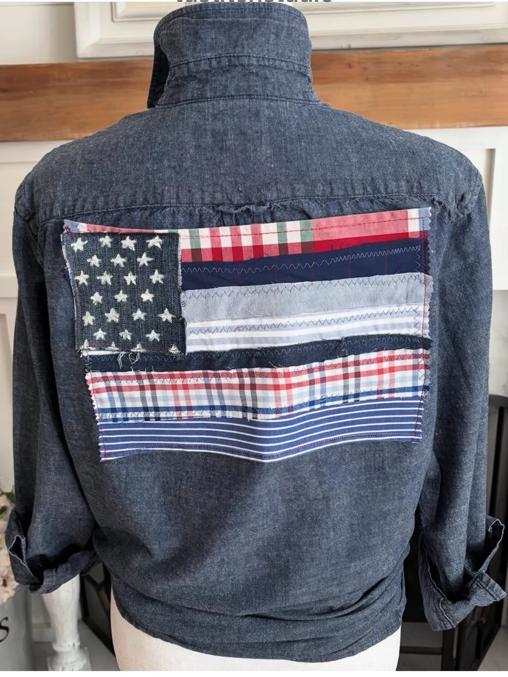 Custom Chambray Denim Shirt with flag patch on back - patriotic - 4th of july!
